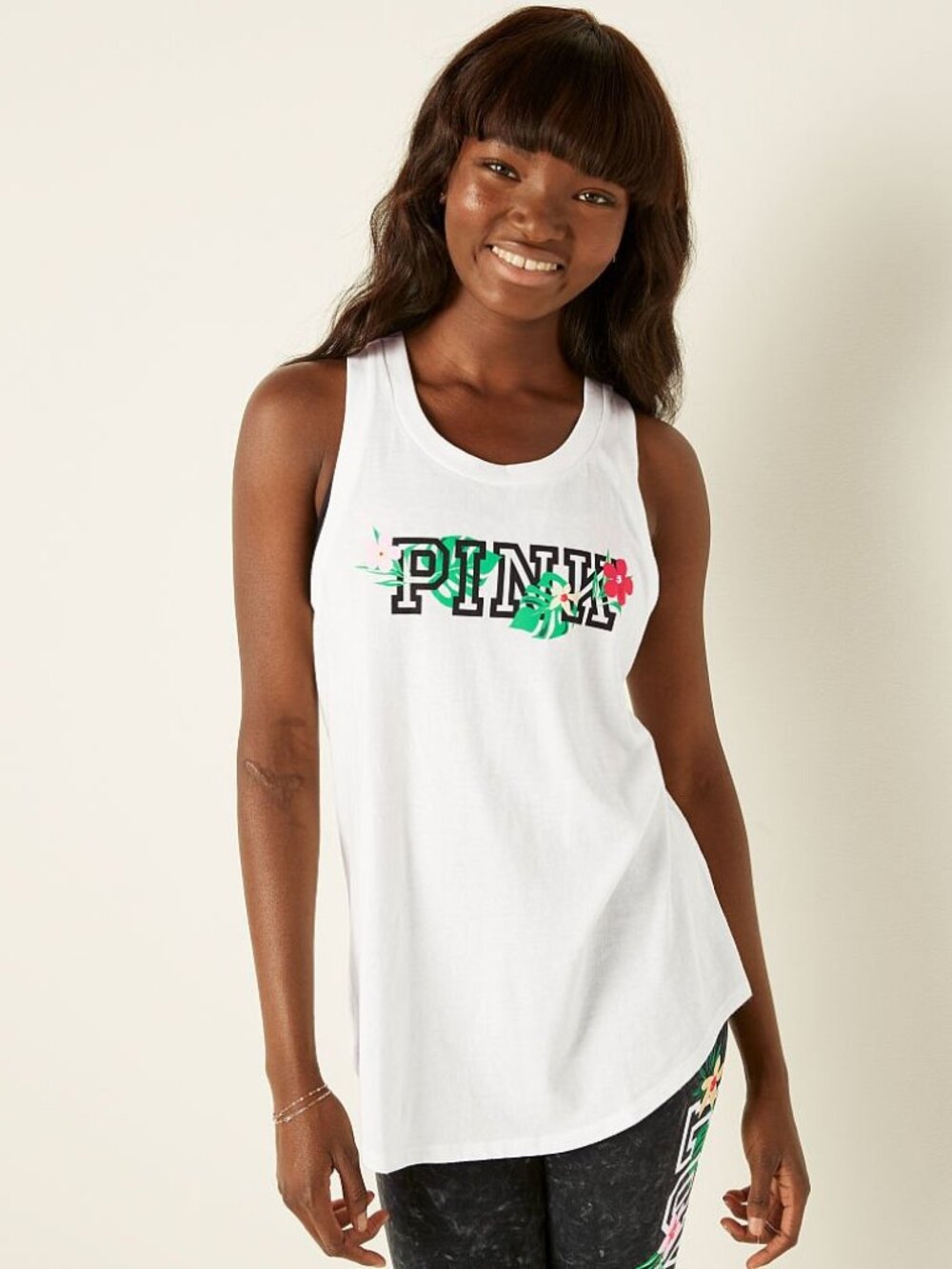 XL PINK Victoria Secret Knit Racerback Tank Top Slit Back Relaxed White Logo